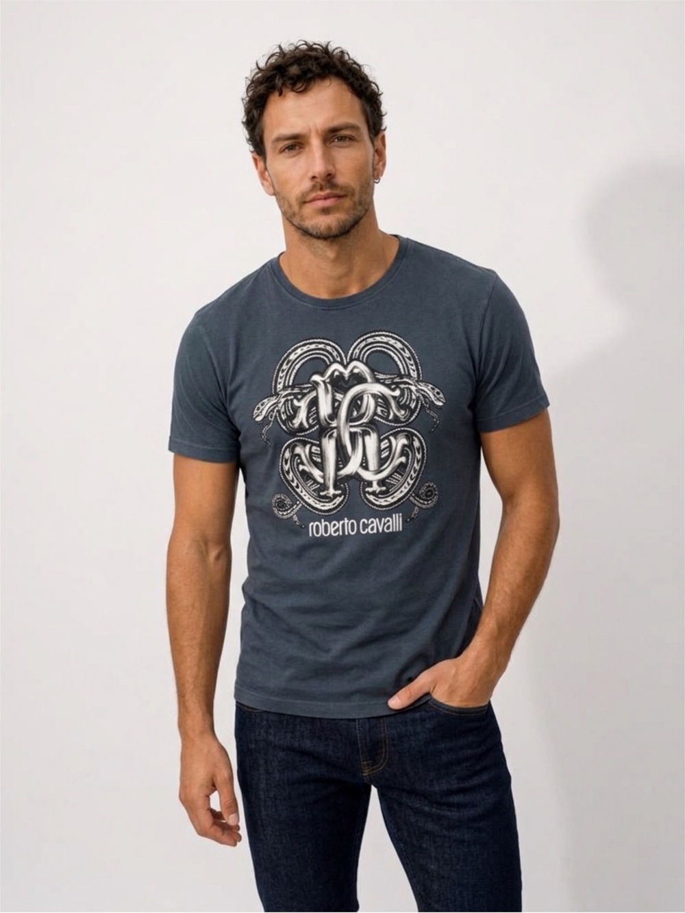 ROBERTO CAVALLI Graphic Tee T-shirt Serigrafata Snake Serpent Navy Blue Small